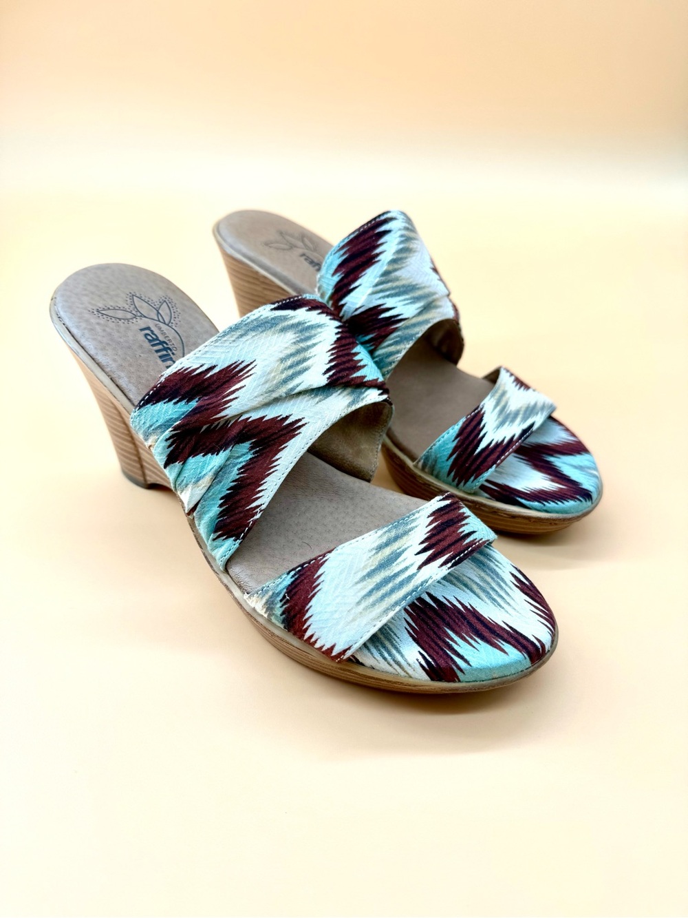 Umberto Raffini Aztec Print Slide Wedge Sandals -‎ Teal & Burgundy